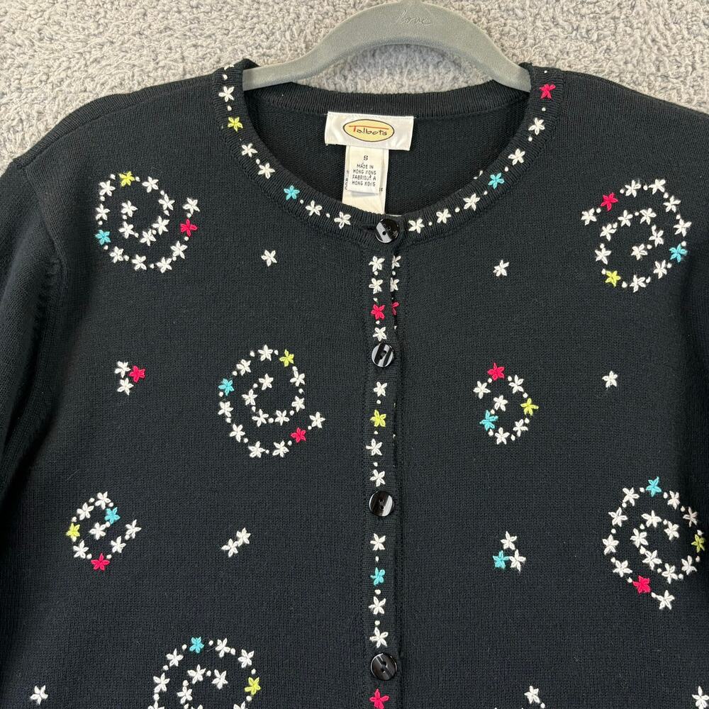 Vintage Talbots Embroidered Cardigan Small 90s Black Sweater Floral Allover - Picture 2 of 12